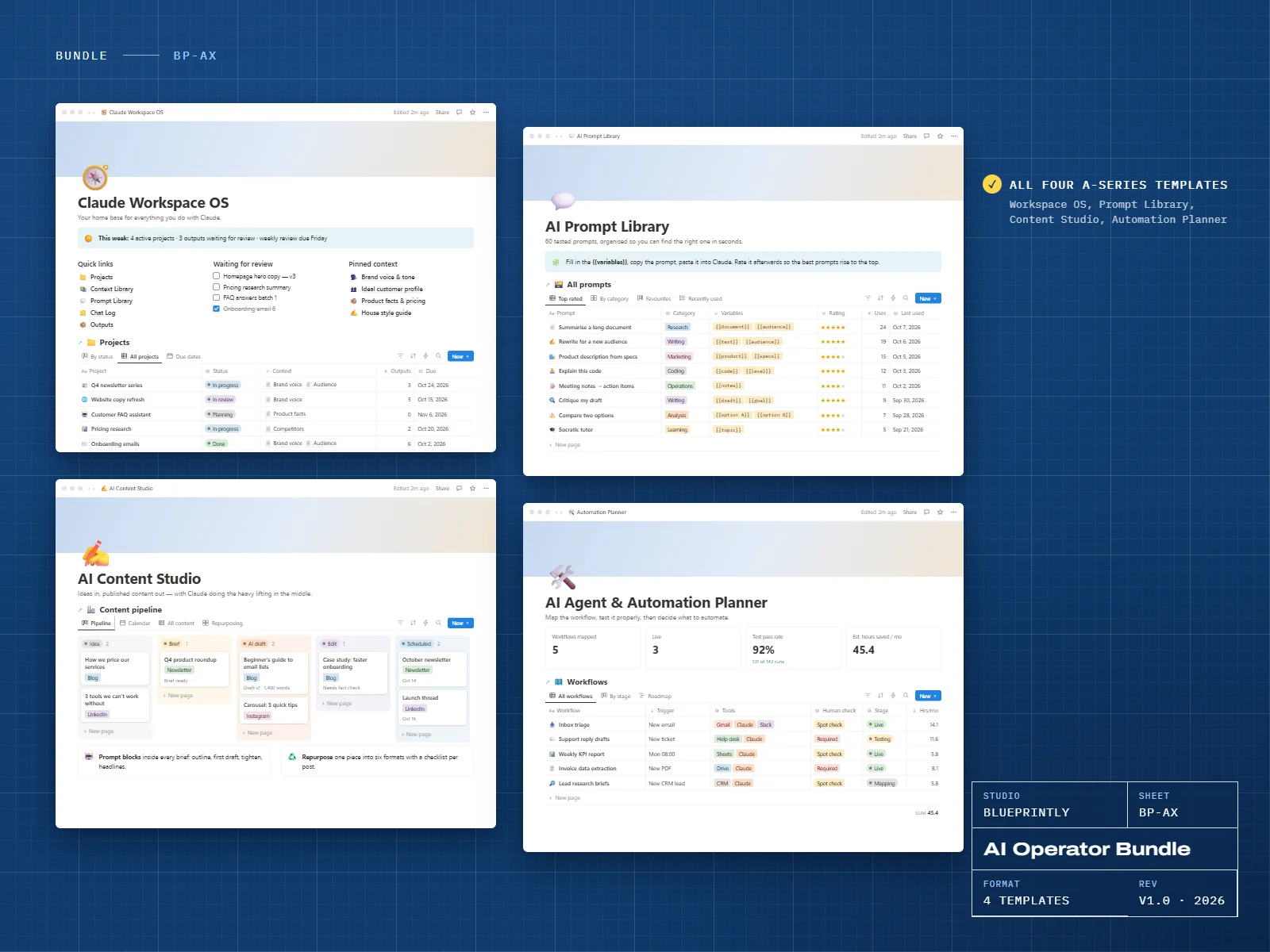 AI Operator Bundle: four Notion templates shown together