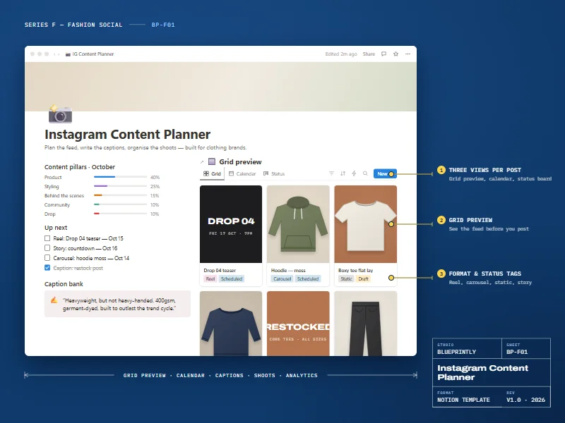 Instagram Content Planner with a grid preview of clothing posts and content pillars