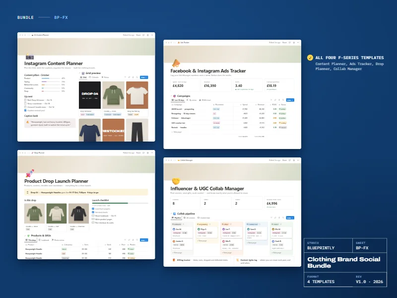 Clothing Brand Social Bundle: four Notion templates shown together