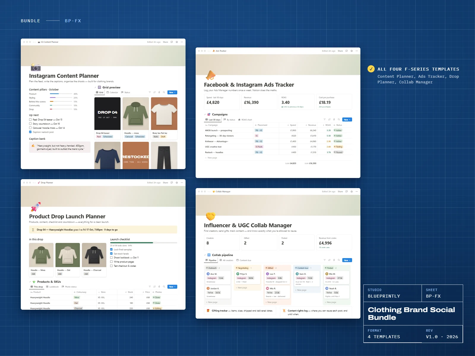 Clothing Brand Social Bundle: four Notion templates shown together